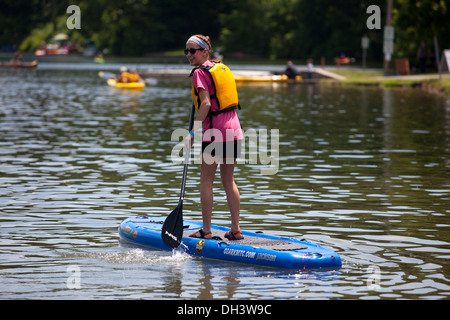 Une seule femelle paddle sur un lac à Bella Vista, Arkansas, USA. Banque D'Images