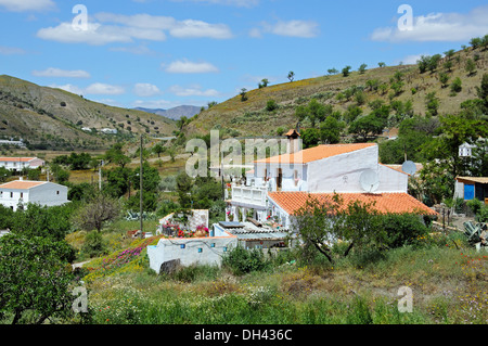 Maisons de campagne avec de jolies fleurs de printemps sur la colline, près de l'Puertecico, la Province d'Almeria, Andalousie, Espagne, Europe de l'Ouest. Banque D'Images