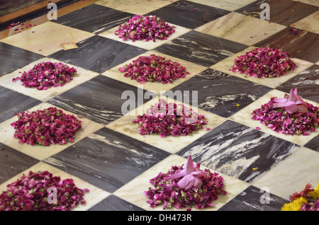 Fleurs rouge sur noir et carré blanc en carreaux de pierre marbre Jodhpur Rajasthan Inde Asie Banque D'Images