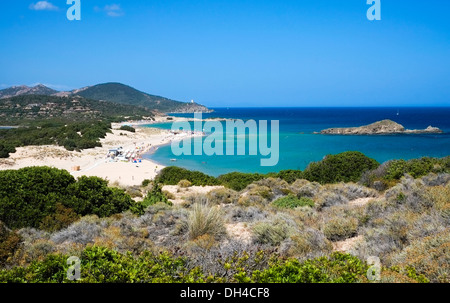 Panorama de su Giudeu plage à Chia, Sardaigne, Italie Banque D'Images