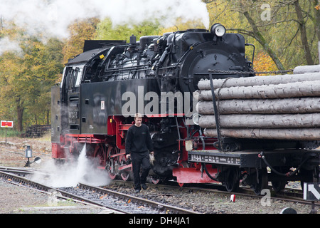 Une locomotive à vapeur tirant un train de marchandises sur le chemin de fer de montagne du Harz Banque D'Images