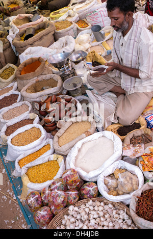 Vente d'épices indien et séchés de sacs à un marché indien. L'Andhra Pradesh, Inde Banque D'Images