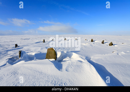 Le poids de la neige presque couvrant les douze apôtres sur Ilkley Moor, Ilkley, West Yorkshire, Angleterre, Royaume-Uni. Banque D'Images