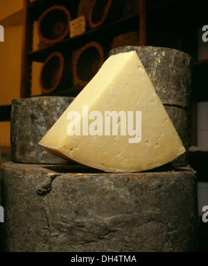 Chiffon traditionnel-fromages Cheddar lié. Neal's Yard Dairy, Londres, Angleterre. Banque D'Images