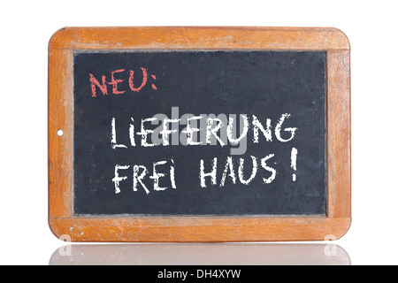 Ancienne école tableau avec les mots NEU : LIEFERUNG FREI HAUS !, Allemand pour les nouveaux : Livraison Gratuite Banque D'Images