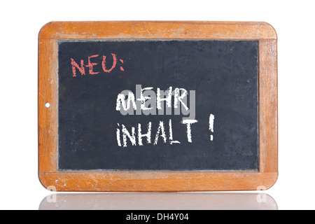 Ancienne école tableau avec les mots NEU : MEHR INHALT !, Allemand pour les nouveaux : contient plus Banque D'Images