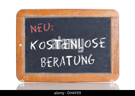 Ancienne école tableau avec les mots NEU : KOSTENLOSE BERATUNG, Allemand pour les nouveaux : consultation gratuite Banque D'Images