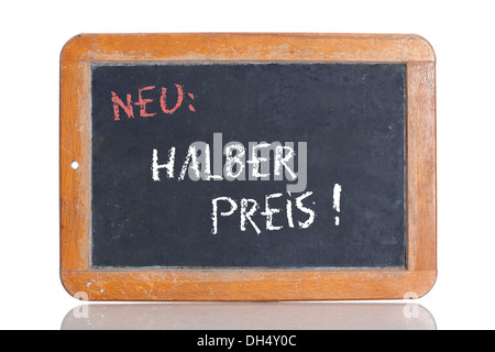 Ancienne école tableau avec les mots NEU : HALBER PREIS !, Allemand pour les nouveaux : Moitié prix ! Banque D'Images