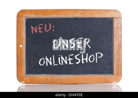 Ancienne école tableau avec les mots NEU : UNSER ONLINESHOP, Allemand pour les nouveaux : Notre boutique en ligne Banque D'Images