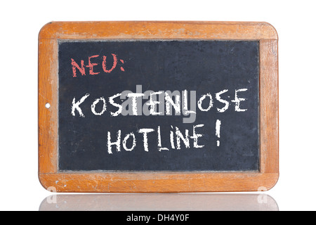 Ancienne école tableau avec les mots NEU : KOSTENLOSE HOTLINE !, Allemand pour les nouveaux : hotline gratuite Banque D'Images