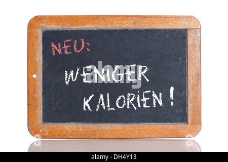 Ancienne école tableau avec les mots NEU : WENIGER STACHELDRAHTHINDERNIS !, Allemand pour les nouveaux : moins de calories ! Banque D'Images