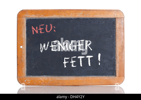 Ancienne école tableau avec les mots NEU : WENIGER FETT !, Allemand pour les nouveaux : moins de gras ! Banque D'Images