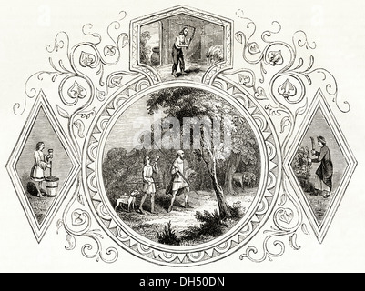 L'Angleterre anglo-saxonne. La vie quotidienne au cours du mois de septembre en anglo-saxon de la Grande-Bretagne. Circa 1845 gravure sur bois de l'époque victorienne. Banque D'Images