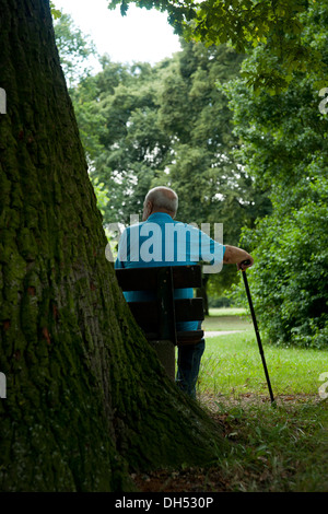 Vieil homme avec une canne assis sur un banc sous un arbre Banque D'Images