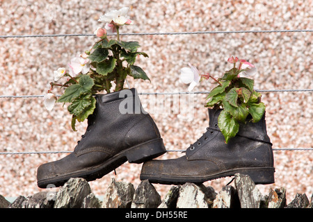 Sur la station de Penrhyn Blaenau Ffestiniog Railway à vapeur - une paire de bottes noires avec des fleurs Banque D'Images