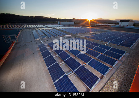 L'usine d'énergie solaire au coucher du soleil, Wollsdorf, Weiz District, Styrie, Autriche Banque D'Images