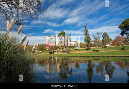 Paysage urbain des parcs et de la rivière Torrens / Lake à Adélaïde avec des bâtiments de la ville et arbres se reflétant dans une eau bleue Banque D'Images