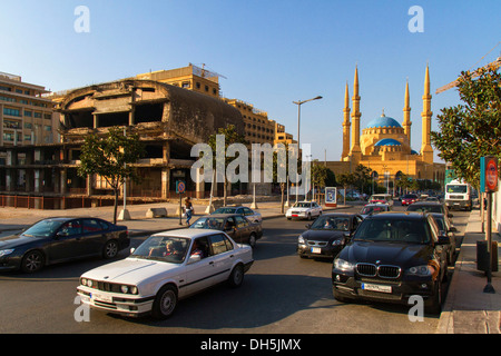 Ruines du centre-ville de Beyrouth, Mohammed al-Amin mosquée à l'arrière, Beyrouth, Liban Banque D'Images