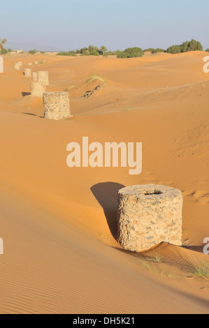 L'accès vertical de l'arbre d'un qanat, le système d'irrigation dans la région de Merzouga, Maroc, Afrique Banque D'Images