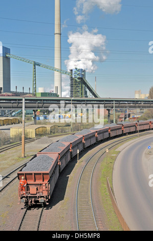 Train de charbon, ThyssenKrupp Steel works dans Hamborn, Schwelgern, Duisbourg, Rhénanie du Nord-Westphalie, PublicGround Banque D'Images