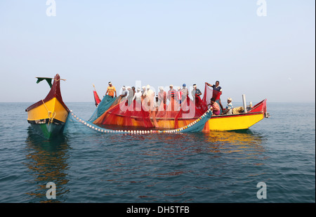 Les filets des pêcheurs locaux tirant sur leur bateau, Munnar, Kerala, Inde, Asie Banque D'Images