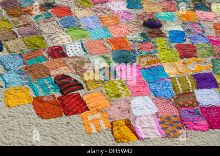 Saris colorés portant pour sécher après lavage sur un banc sur les bords de la rivière Yamuna, Agra, Yamuna, Uttar Pradesh, Inde Banque D'Images