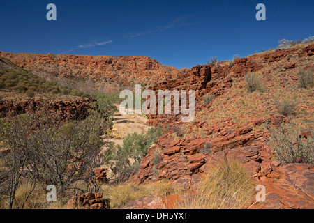 Paysage de l'Outback de hautes falaises rocheuses et sablonneuses dans riverbed Trephina gorge nature reserve près d'Alice Springs NT Australie Banque D'Images