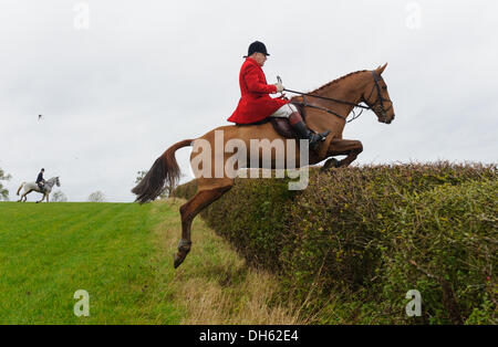 Queniborough, Leicestershire, UK. 1er novembre 2103. Quorn Huntsman Peter Collins affiche le champ comment aborder les grandes haies Leicestershire au cours de leur répondre au 1er novembre, le début de la saison de la chasse au renard. Credit : Nico Morgan/Alamy Live News Banque D'Images