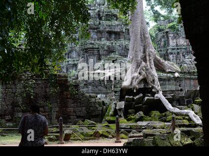 Siem Reap, Cambodge. 13 Oct, 2013. Le temple Ta Prohm complexes de construction et près de Angkor Wat à Siem Reap, Cambodge, 13 octobre 2013. Le temple a été construit à la fin du 12e et au début du xiiie siècle par le roi Jayavarman VII. Une impressionnante caractéristique de Ta Prohm sont les arbres qui poussent sur les ruines. Photo : Jens Kalaene/dpa/Alamy Live News Banque D'Images