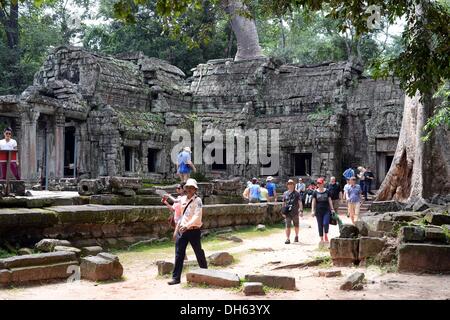 Siem Reap, Cambodge. 13 Oct, 2013. Le temple Ta Prohm complexes de construction et près de Angkor Wat à Siem Reap, Cambodge, 13 octobre 2013. Le temple a été construit à la fin du 12e et au début du xiiie siècle par le roi Jayavarman VII. Une impressionnante caractéristique de Ta Prohm sont les arbres qui poussent sur les ruines. Photo : Jens Kalaene/dpa/Alamy Live News Banque D'Images