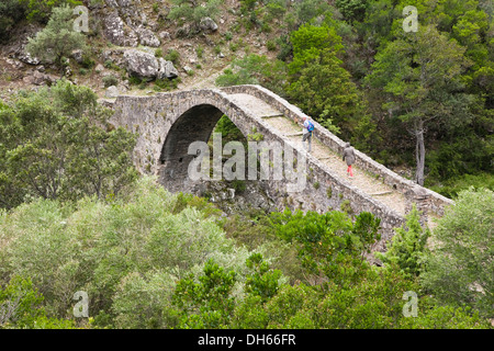 Vieux pont de pierre Genovese sur la rivière Porto près du village d'Ota, les gorges de Spelunca, Corse, France, Europe Banque D'Images