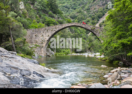 Vieux pont de pierre Genovese sur la rivière Porto près du village d'Ota, les gorges de Spelunca, Corse, France, Europe Banque D'Images