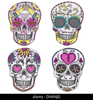 Crâne mexicain. Crânes colorés avec fleur et coeur. ornamens Crânes de sucre. Banque D'Images