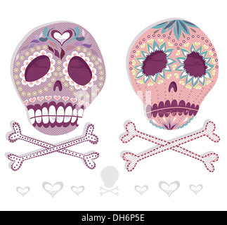 Crâne mexicain. Crânes colorés avec fleur et coeur. ornamens Crânes de sucre Banque D'Images