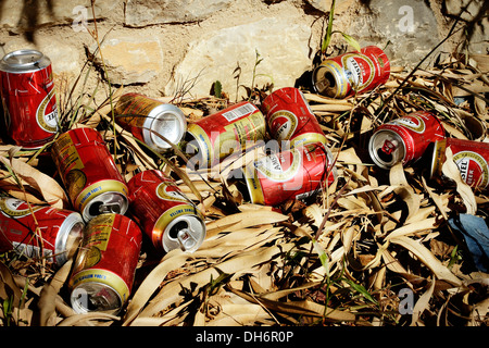 Des canettes de bière vides jetés le long du bord d'une route sur l'île grecque de Skiathos et la mer Egée. Banque D'Images