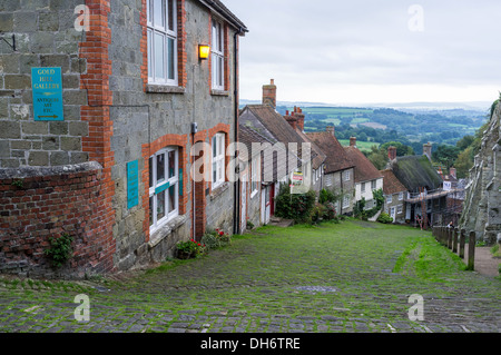 Shaftsbury, Dorset, Angleterre. La colline d'or à Shaftsbury avec ses pentes route pavée. Banque D'Images