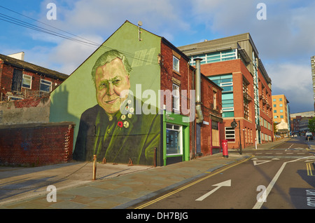 David Attenborough photo murale dans le centre de Sheffield, Angleterre, Royaume-Uni Banque D'Images