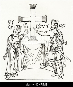 L'Angleterre anglo-saxonne. Le roi Canut et sa reine, 11e siècle anglo-saxonne. Circa 1845 gravure sur bois de l'époque victorienne. Banque D'Images