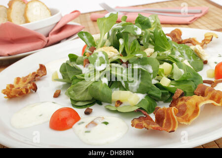 Salade de pommes de terre sur le terrain avec la vinaigrette, croûtons de pain, lard grillé et pain français Banque D'Images