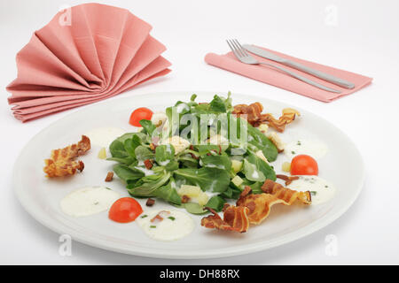 Salade de pommes de terre sur le terrain avec la vinaigrette, croûtons de pain et lard grillé Banque D'Images