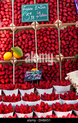 Vente de fraises à Paris, France Banque D'Images