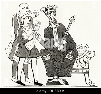 L'Angleterre anglo-saxonne. Parlant d'Anglo-Saxon Harold le roi Édouard le Confesseur avant son départ pour la Normandie à partir de la Tapisserie de Bayeux. Circa 1845 gravure sur bois de l'époque victorienne. Banque D'Images