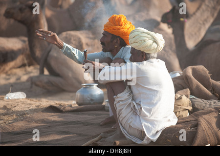 Éleveur de chameaux avec des chameaux vers le chameau de Pushkar Fair Banque D'Images