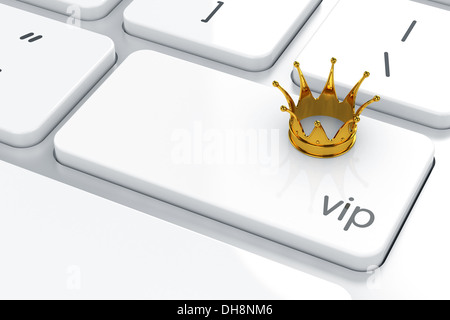 3D render of golden crown icône sur le clavier.concept VIP Banque D'Images