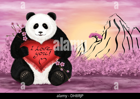 Illustration d'art numérique. Big Panda avec un oreiller de soie en forme de cœur et les mots "I love you". Banque D'Images