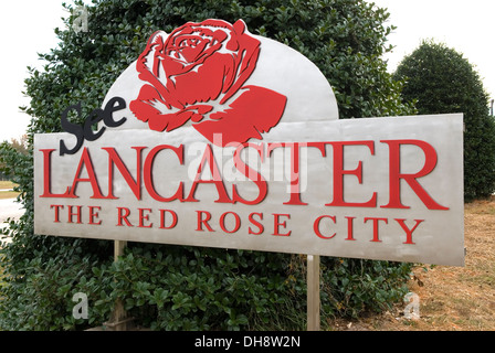 Découvrez Lancaster, le panneau Red Rose City South Carolina USA. Banque D'Images