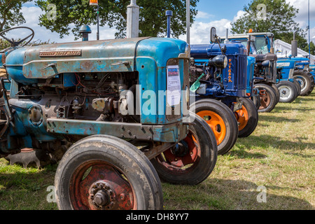 Une rangée de Fordson vintage et modernes sur les tracteurs Ford show à la poignée de démarrage Club meeting, Norfolk, Royaume-Uni. Banque D'Images