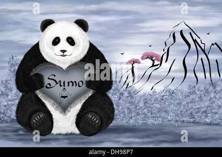 Illustration d'art numérique. Big Panda le sumo. Contexte Dans le style japonais. Banque D'Images