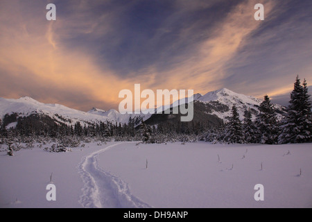 Aube sur paysage d'hiver avec des montagnes dans la neige, Alpes, Autriche Banque D'Images