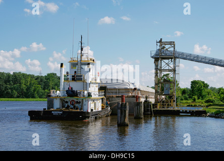 Le remorqueur de rivière pousse une barge à céréales dans un quai de grenier sur la rivière Nanticoke, à Seaford, au Delaware. Banque D'Images